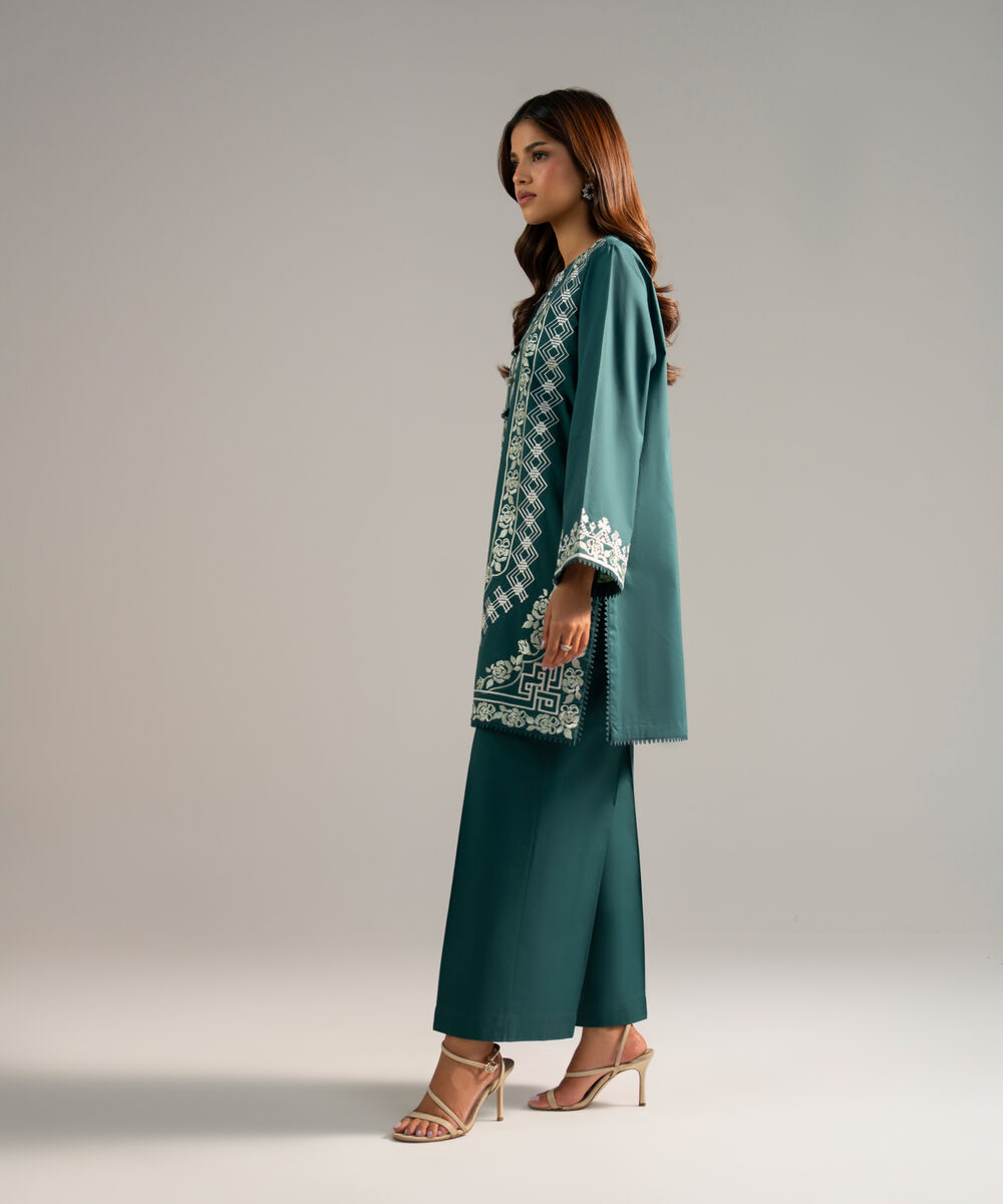 Women's RTW Lawn Embroidered Dark Green Straight Shirt