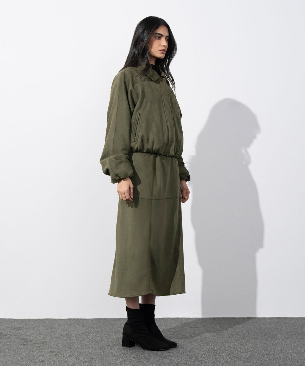 Women's Western Wear Green Faux Suede Bomber Jacket