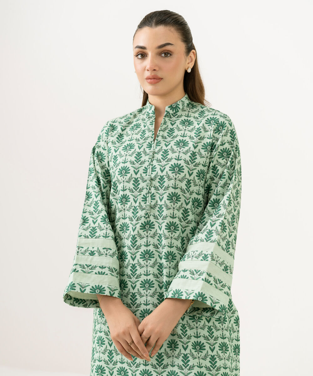 Women's Unstitched Cotton Printed Green 2 Piece Suit