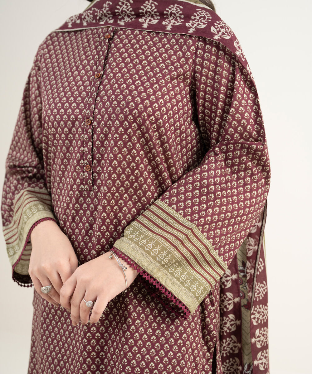 Women's RTW Lawn Printed Maroon 3 Piece Suit