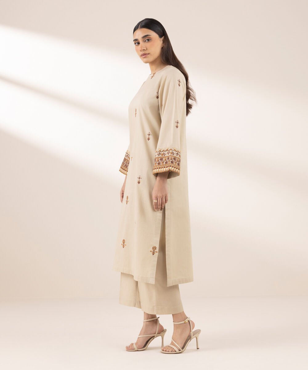 Women's RTW Cross Hatch Beige Embroidered A-Line Shirt