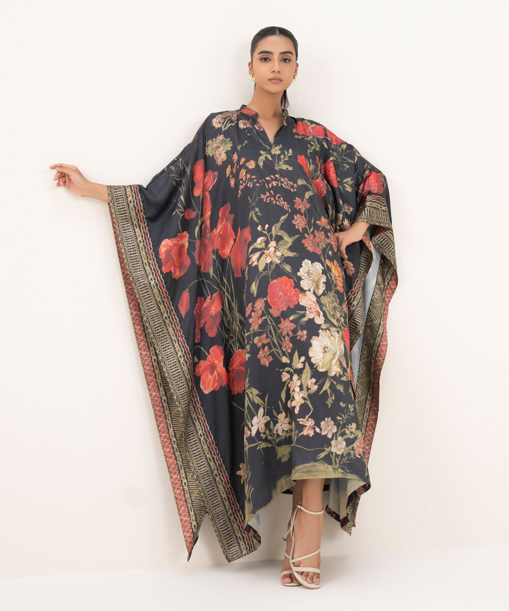 Women's RTW Blended Satin Black Printed Kaftan