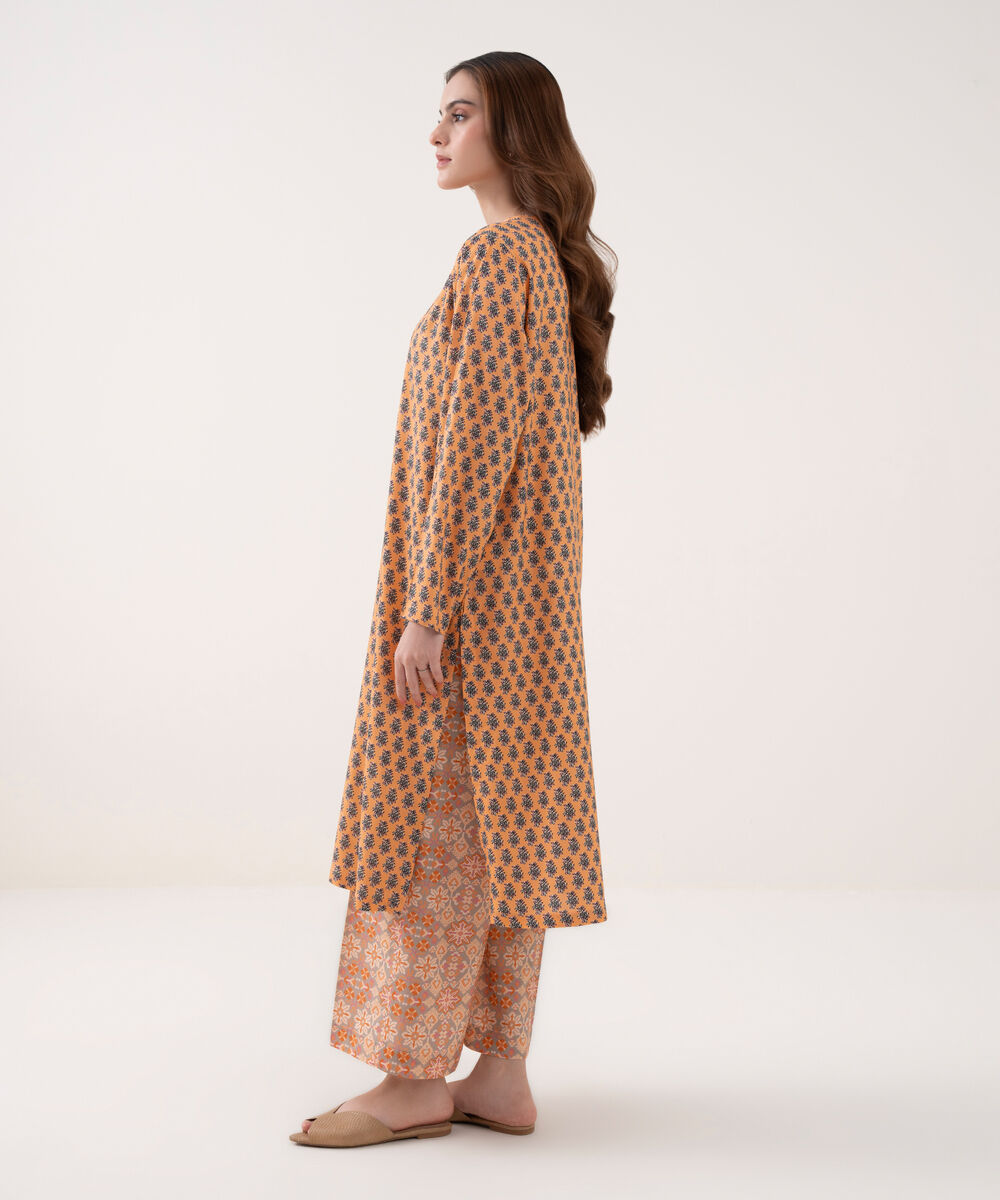 Women's RTW Arabic Lawn Embroidered Straight Orange Shirt