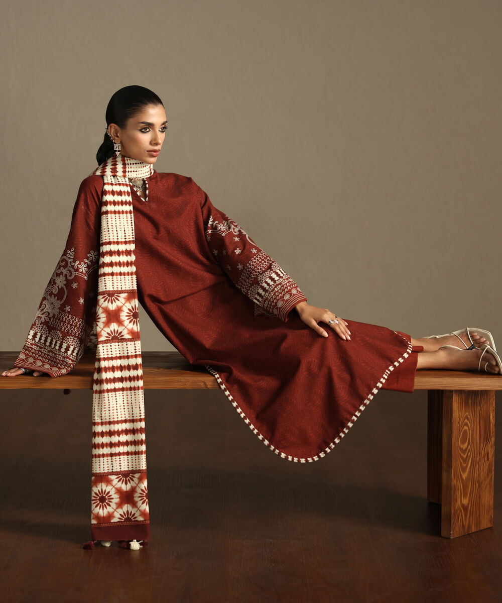 Women's Unstitched Light Khaddar Printed Red  3 Piece Suit