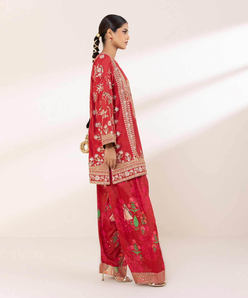 Women's RTW Viscose Raw Silk Red Embroidered Two Piece Suit