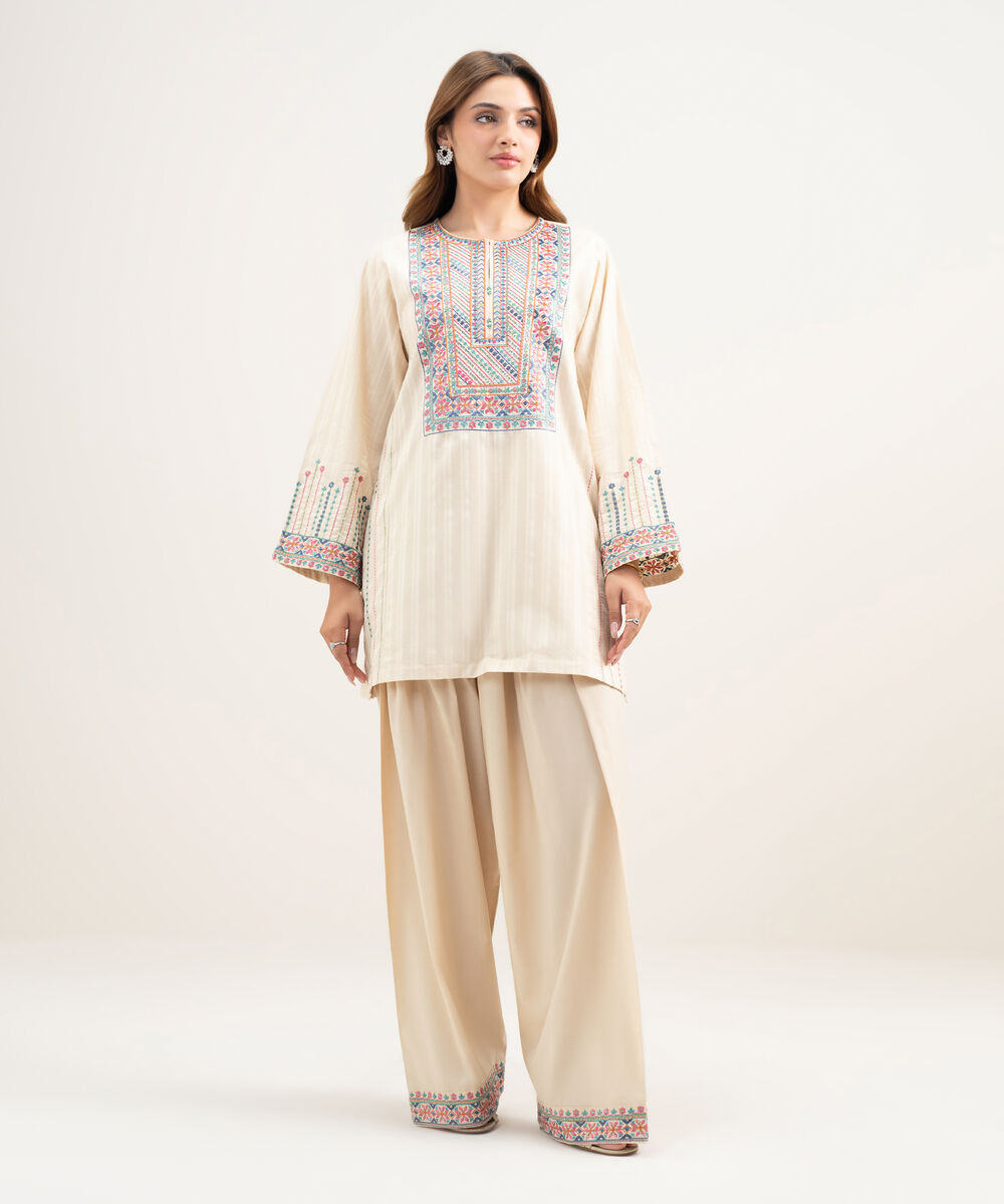 Women's RTW Dobby Embroidered Beige 2 Piece Suit