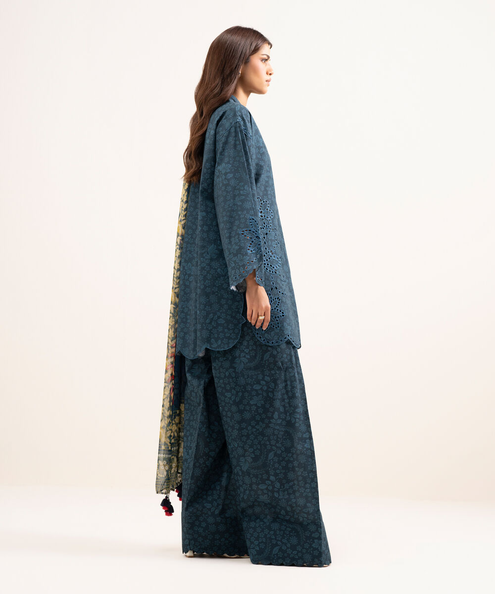 Women's Unstitched Lawn Embroidered Blue 3 Piece Suit