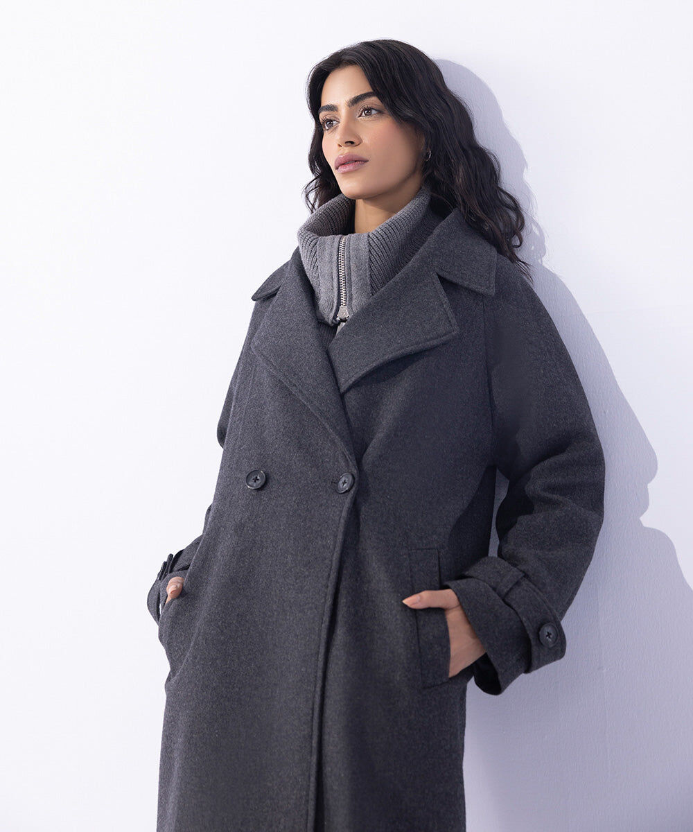 Woman - Grey Double Breasted Long Coat