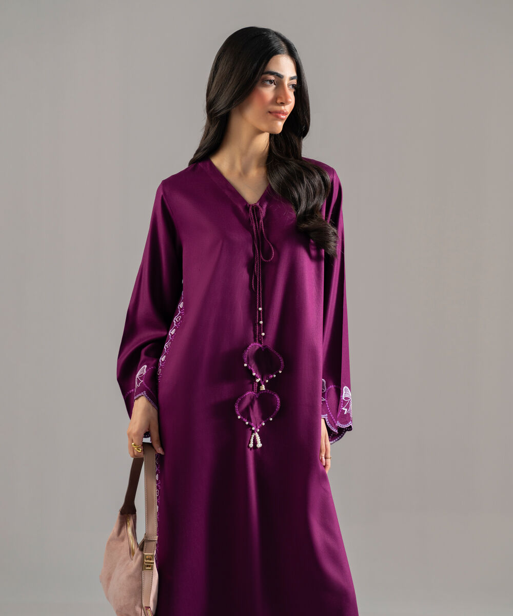 Women's RTW Bedford Solid Embroidered Purple Straight Shirt