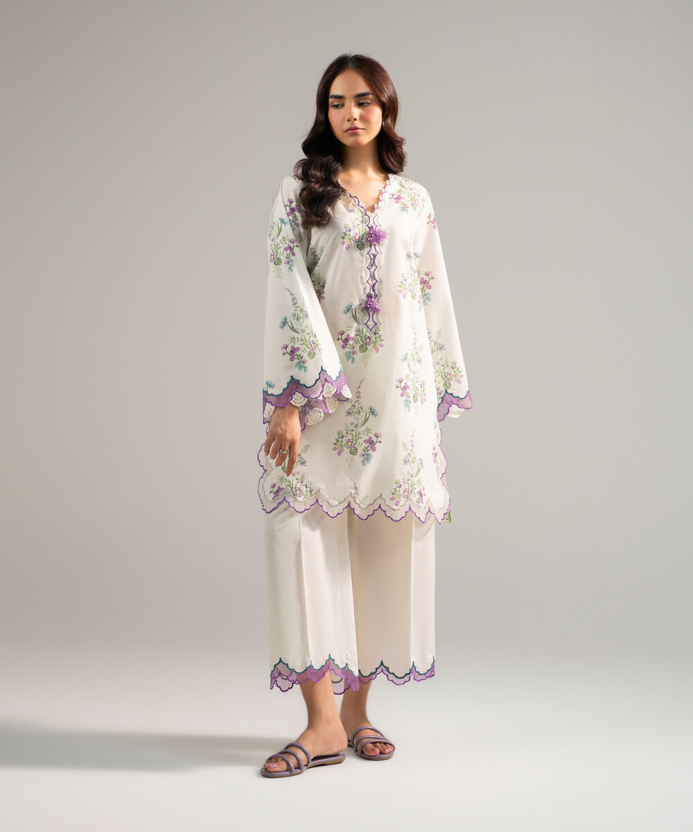 Women's RTW Slub Lawn Embroidered White 2 Piece Suit