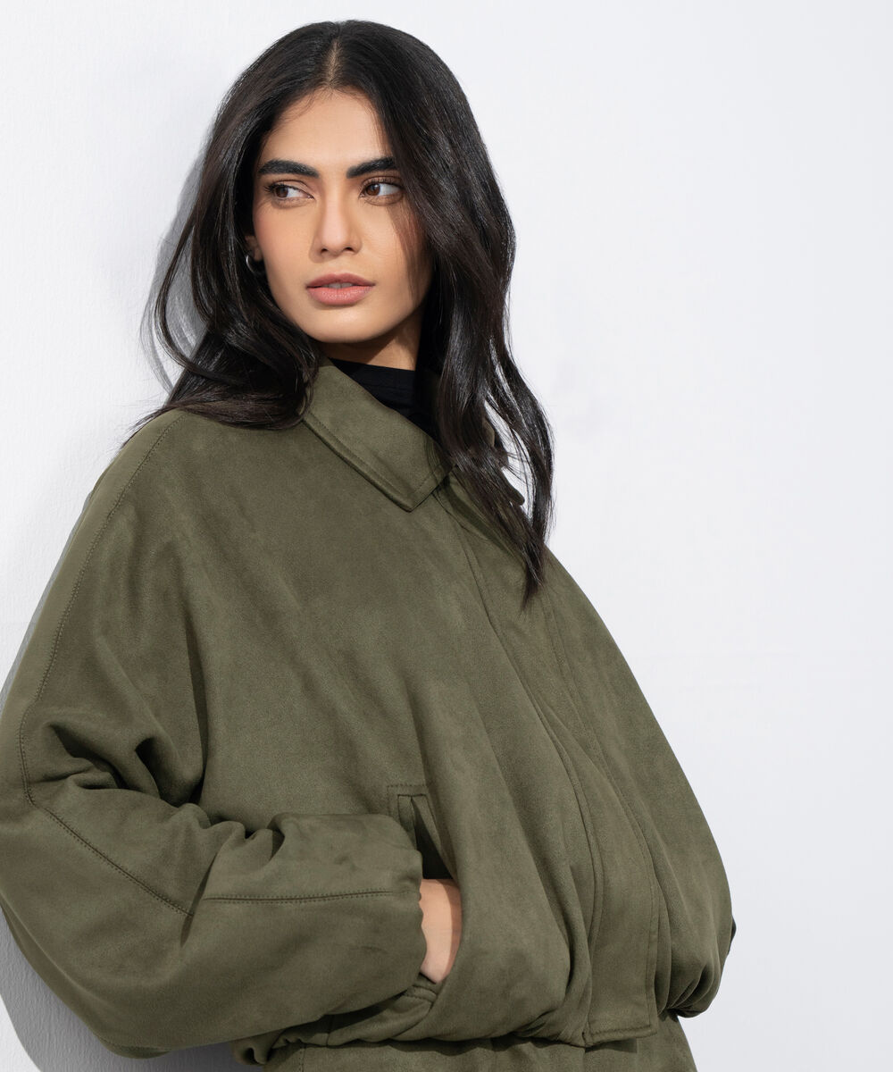 Women's Western Wear Green Faux Suede Bomber Jacket