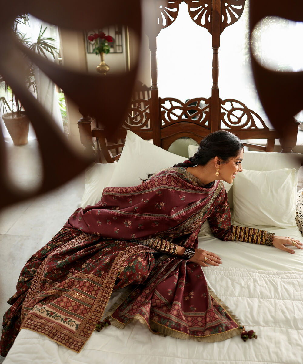 Women's Unstitched Lawn Embroidered Brown 3 Piece Suit