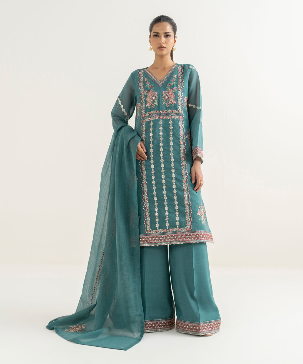 Women's RTW Blended Textured Karandi Embroidered Straight Blue Shirt