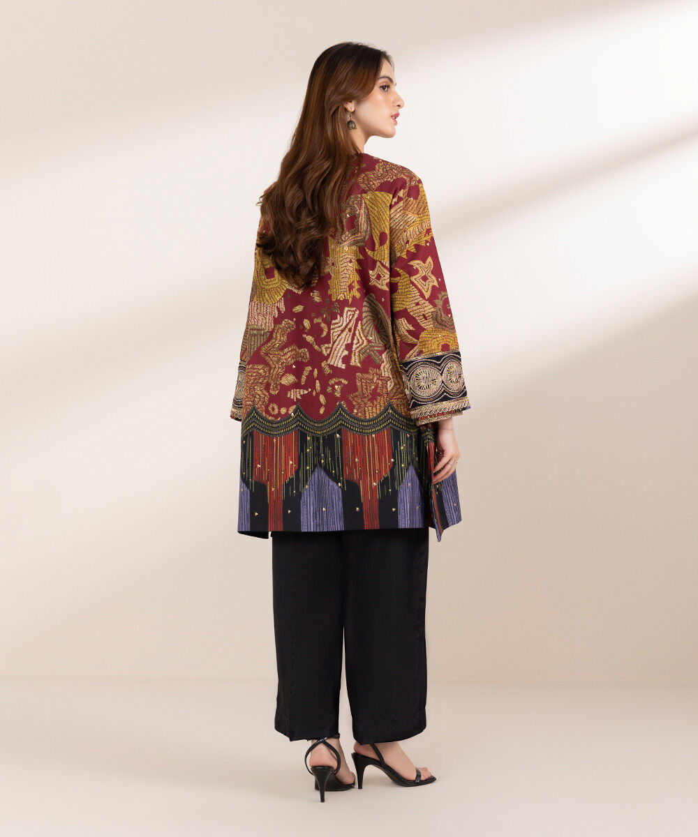 Women's Pret Cambric Maroon Embroidered Boxy Shirt