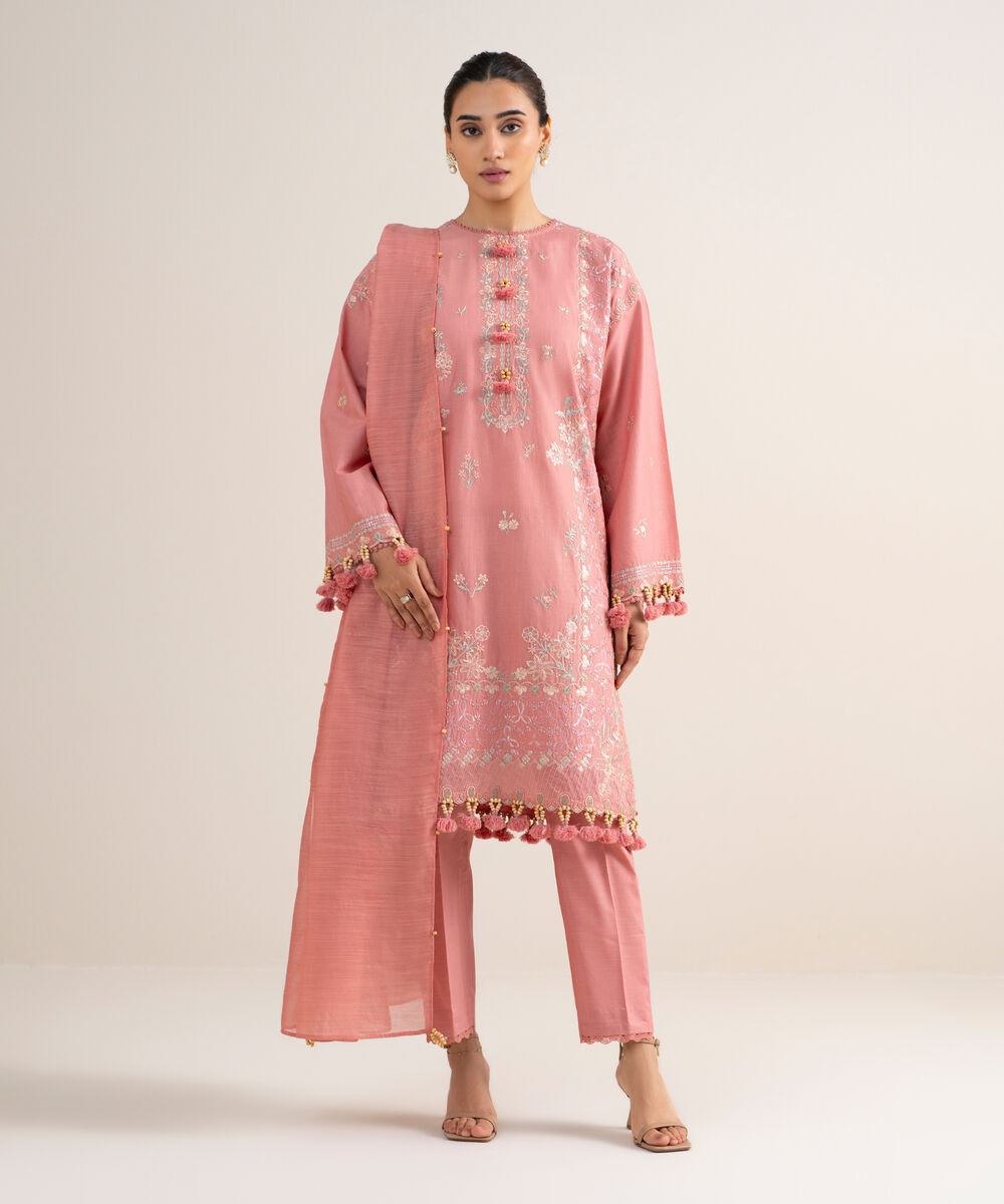 Women's Unstitched Textured Lawn Embroidered Pink 3 Piece Suit