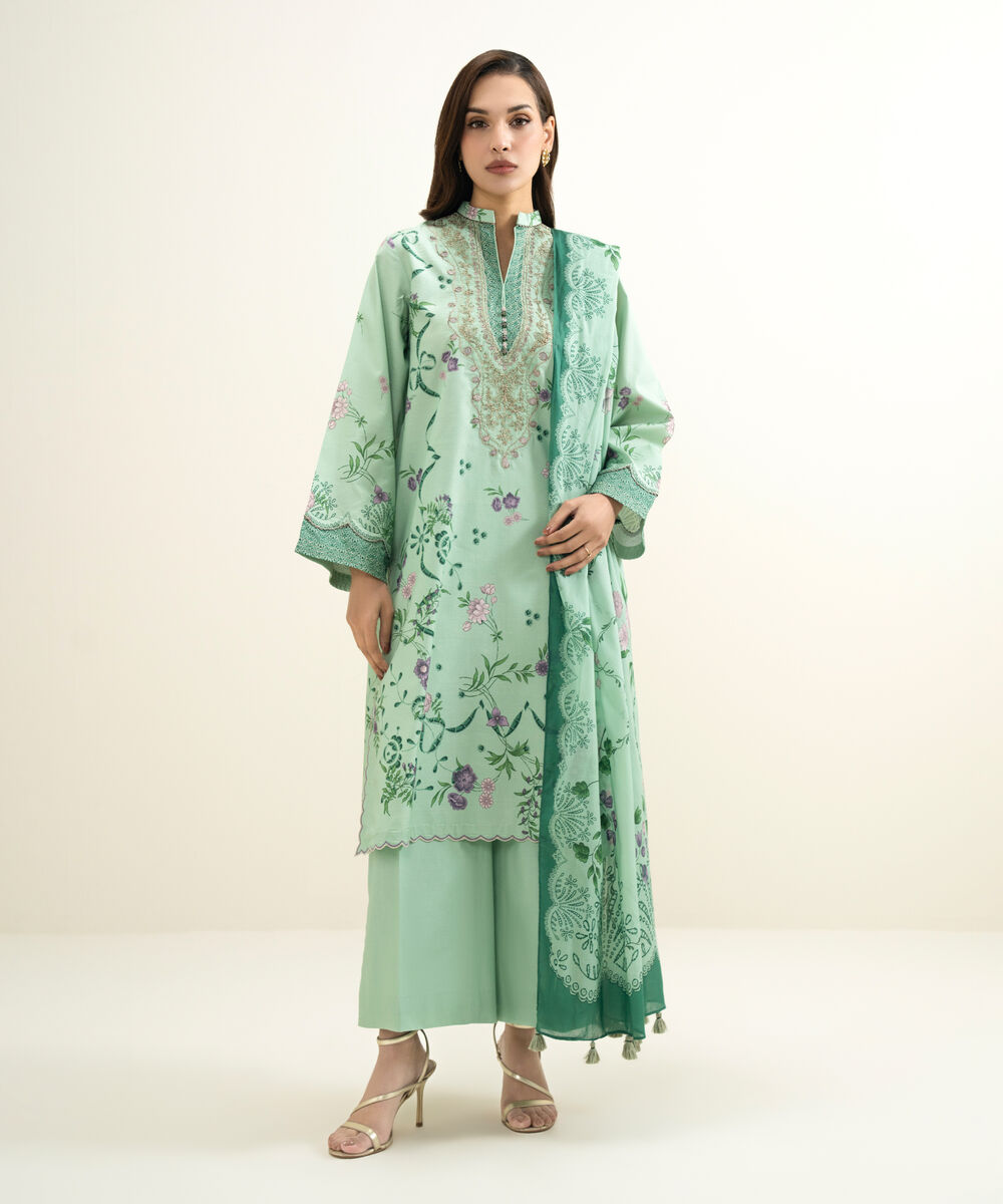 Women's Unstitched Lawn Embroidered Green 3 Piece Suit