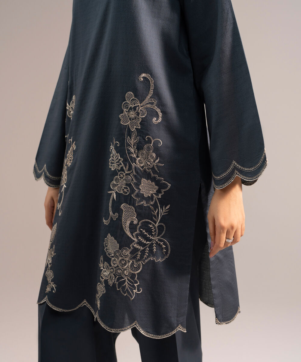 Women's RTW Dobby Embroidered Charcoal Grey Straight Shirt