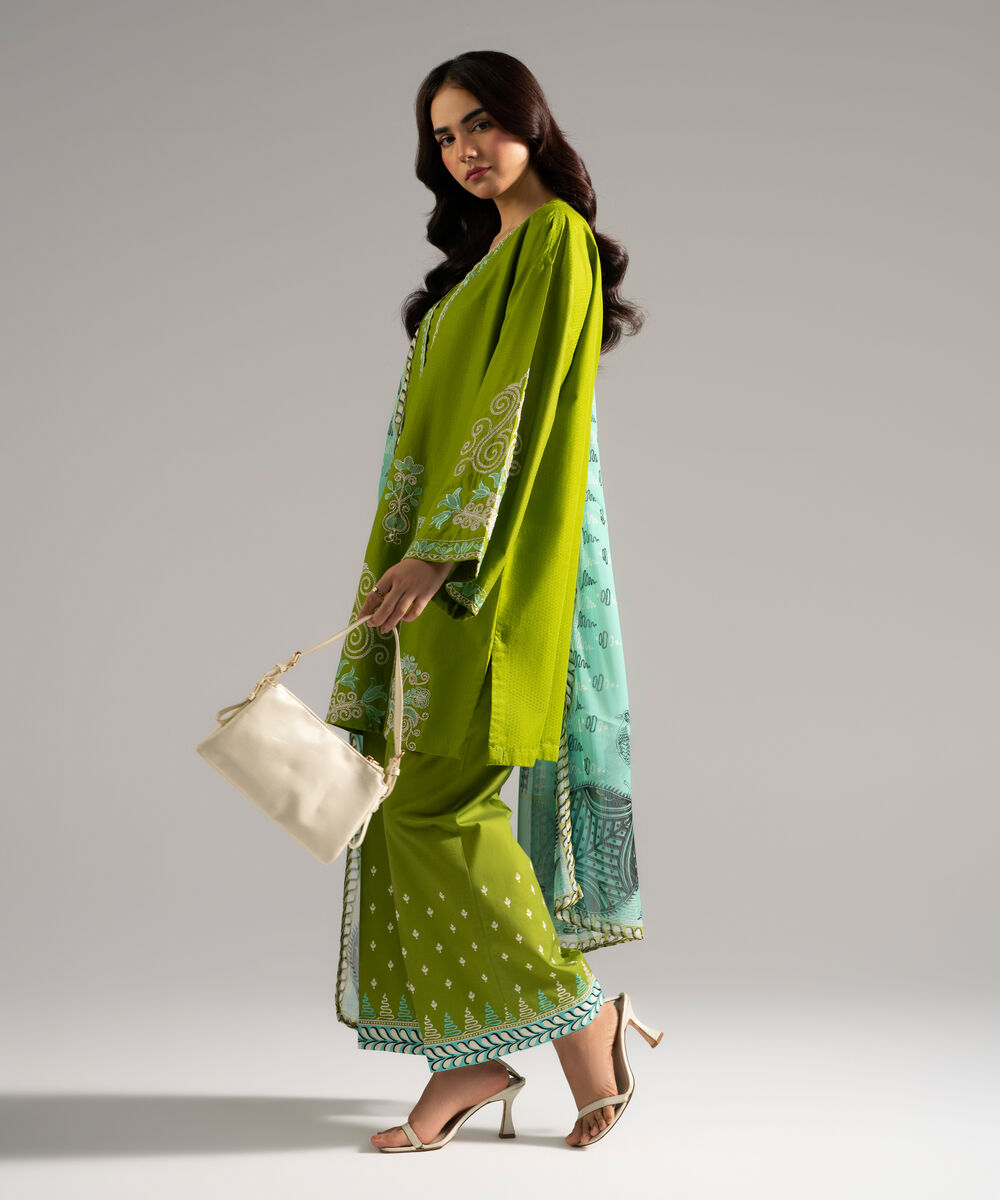Women's RTW Dobby Embroidered Green 3 Piece Suit