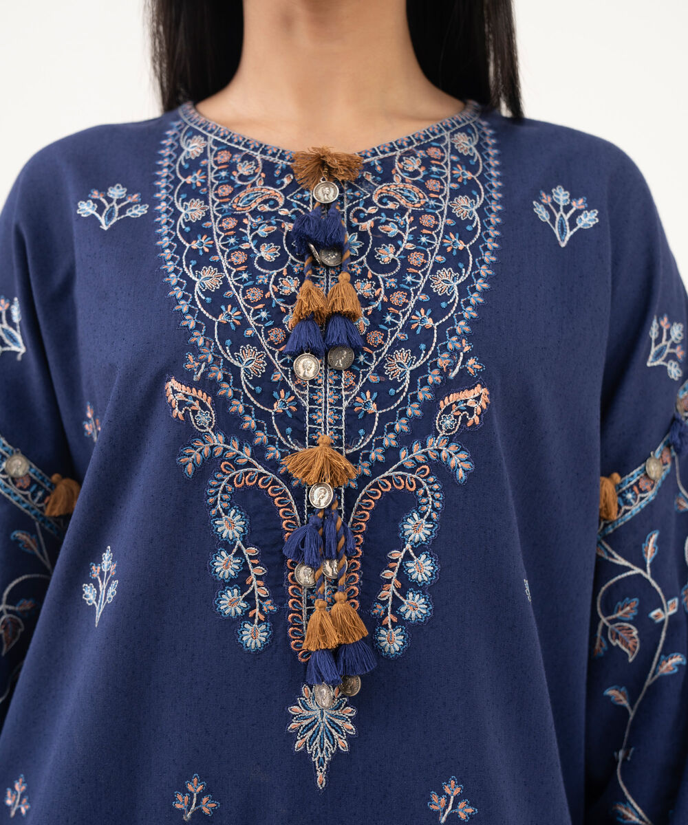 Women's Unstitched Cotton Karandi Embroidered Blue 3 Piece Suit