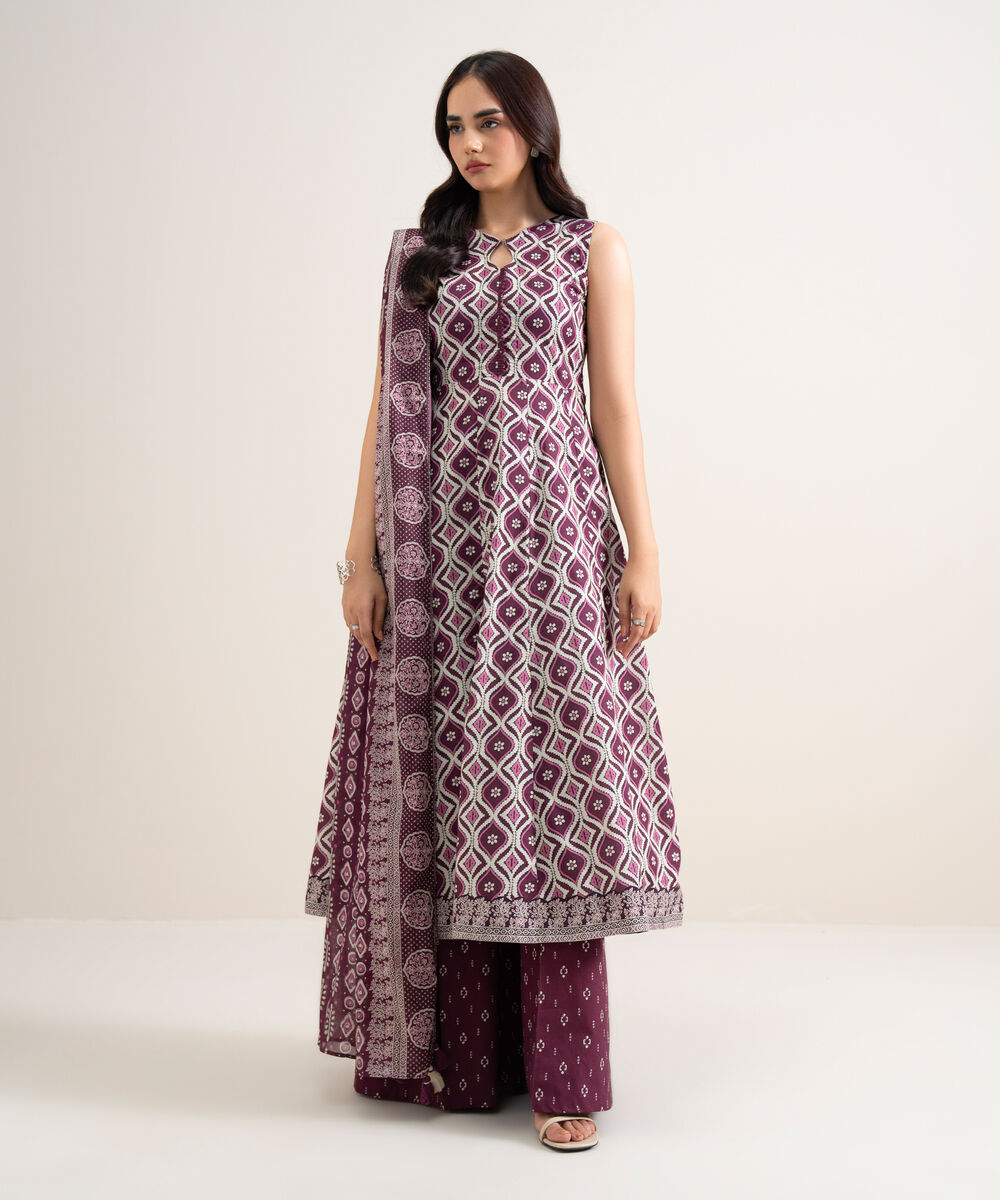 Women's Unstitched Lawn Printed Plum & White 3 Piece Suit