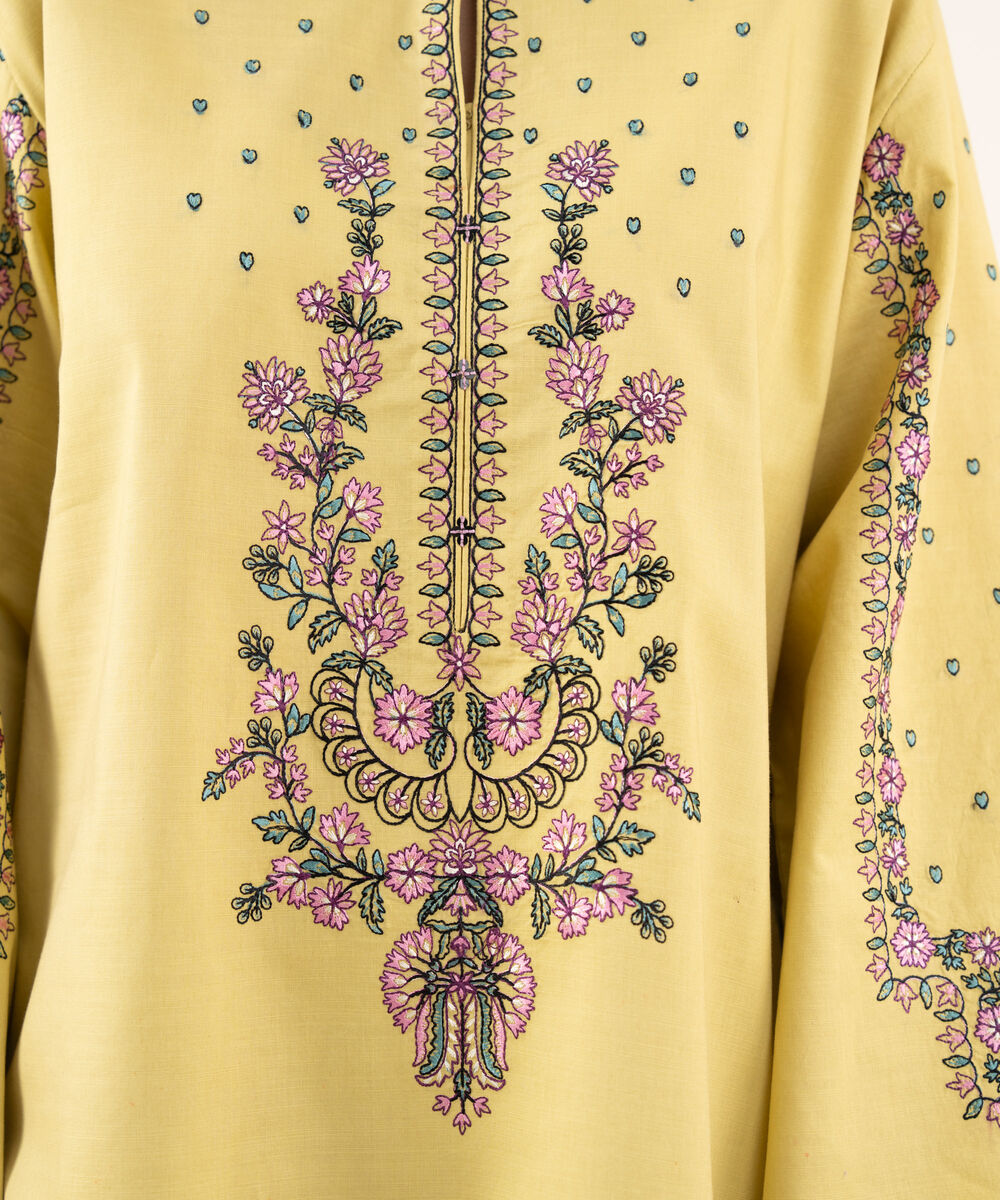 Women's Unstitched Textured Cotton Embroidered Yellow 2 Piece Suit