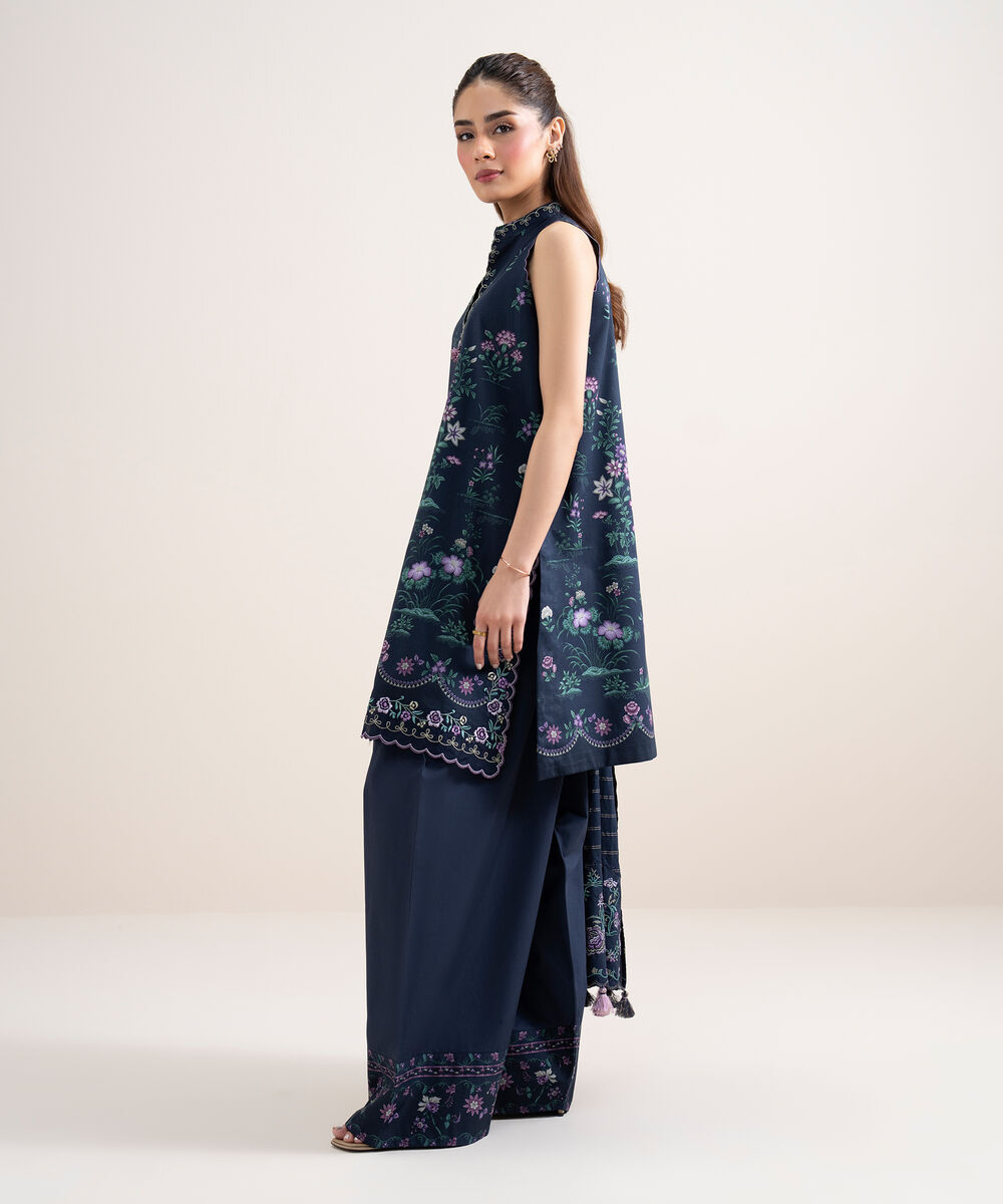 Women's Unstitched Lawn Embroidered Blue 3 Piece Suit