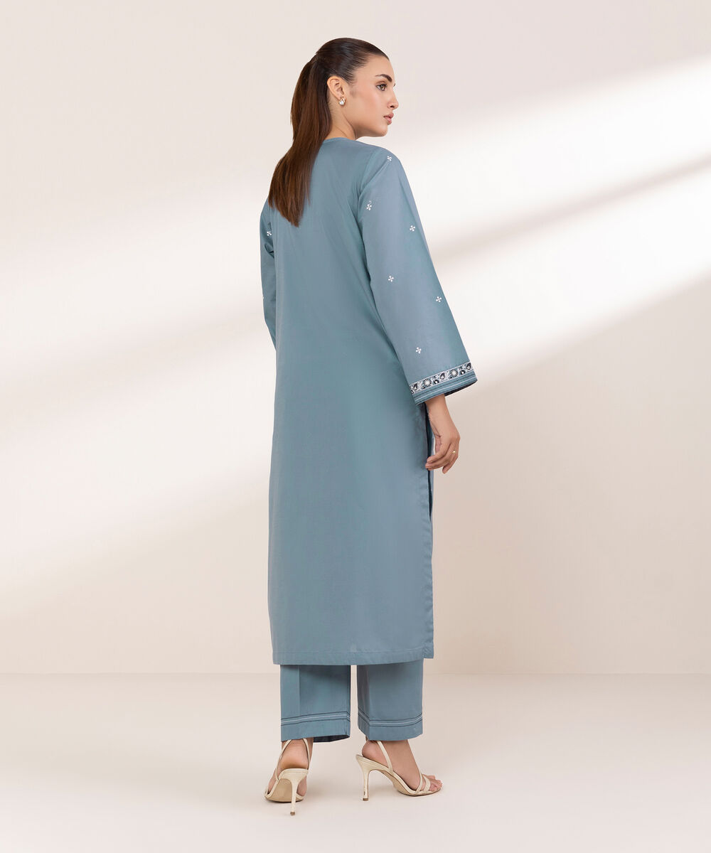 Women's RTW Textured Lawn Blue Embroidered A-Line Shirt