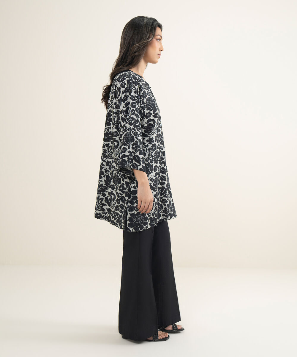 Women's RTW Arabic Cambric Printed Black Drop Shoulder Shirt