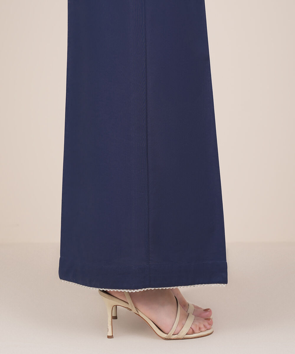 Women's RTW Cambric Blue Solid Flared Pants