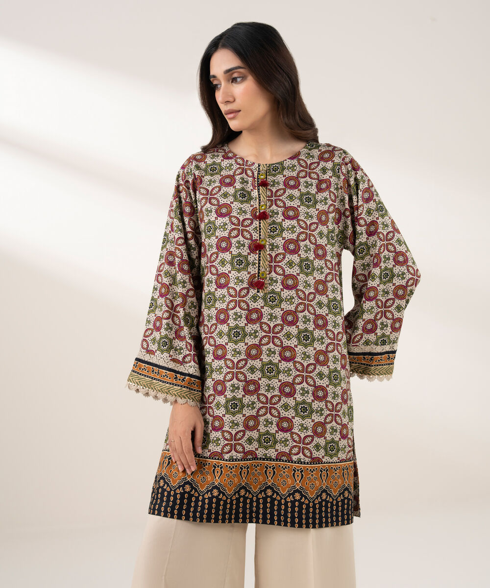 Women's RTW Viscose Linen Printed Straight Beige Shirt