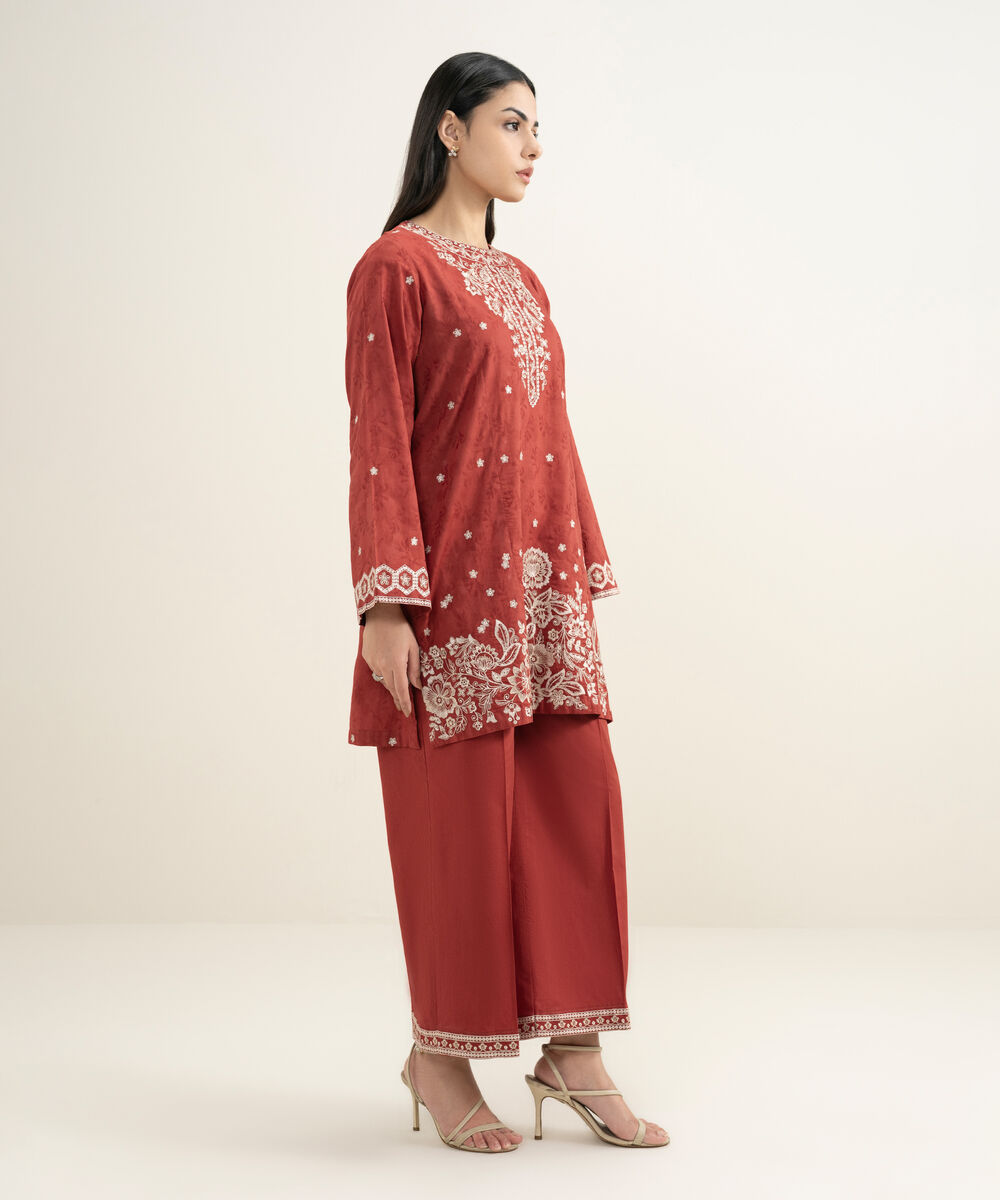 Women's RTW Cambric Embroidered Dark Orange Flared Pants