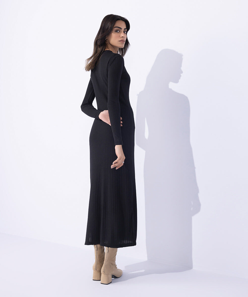 Woman - Black Jersey Ribbed Dress