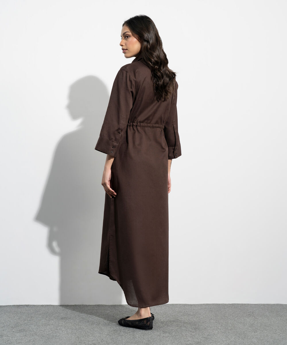 Women's Western Brown Linen Blend Dress With Waist Drawcord