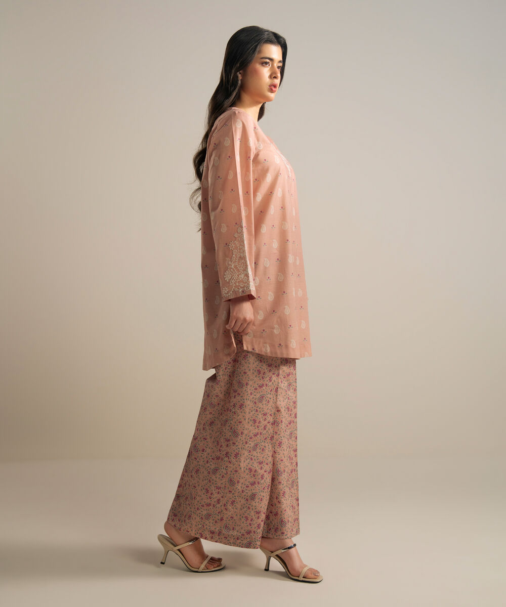 Women's RTW Slub Lawn Embroidered Pink Straight Shirt