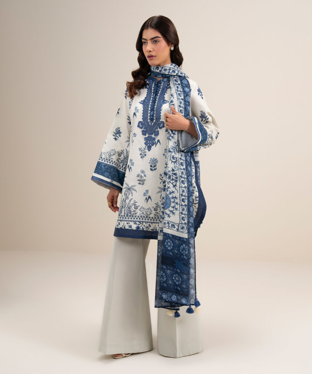 Women's Unstitched Lawn Embroidered Off White and Blue 3 Piece Suit