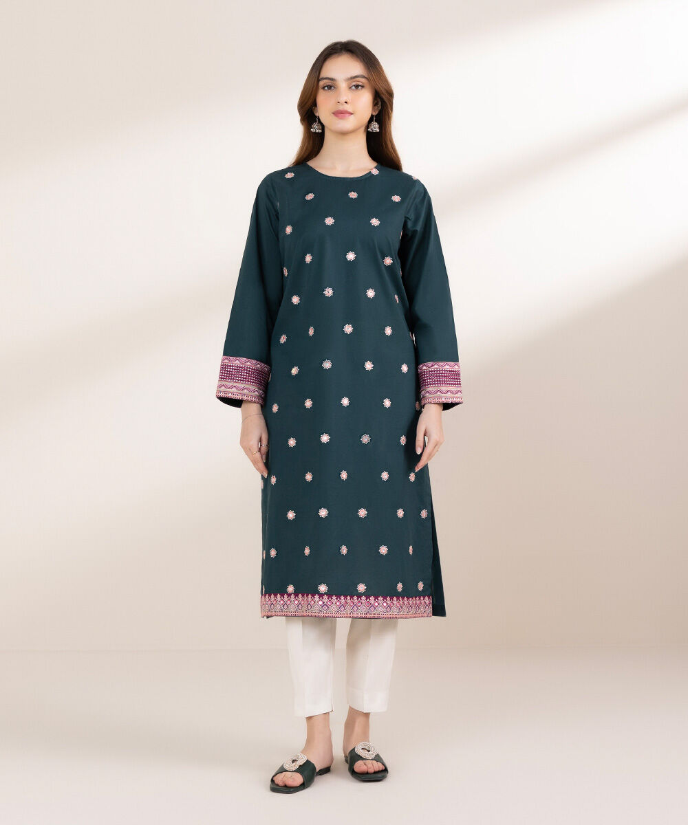 Women's Pret Cambric Green Embroidered Front Open Jacket