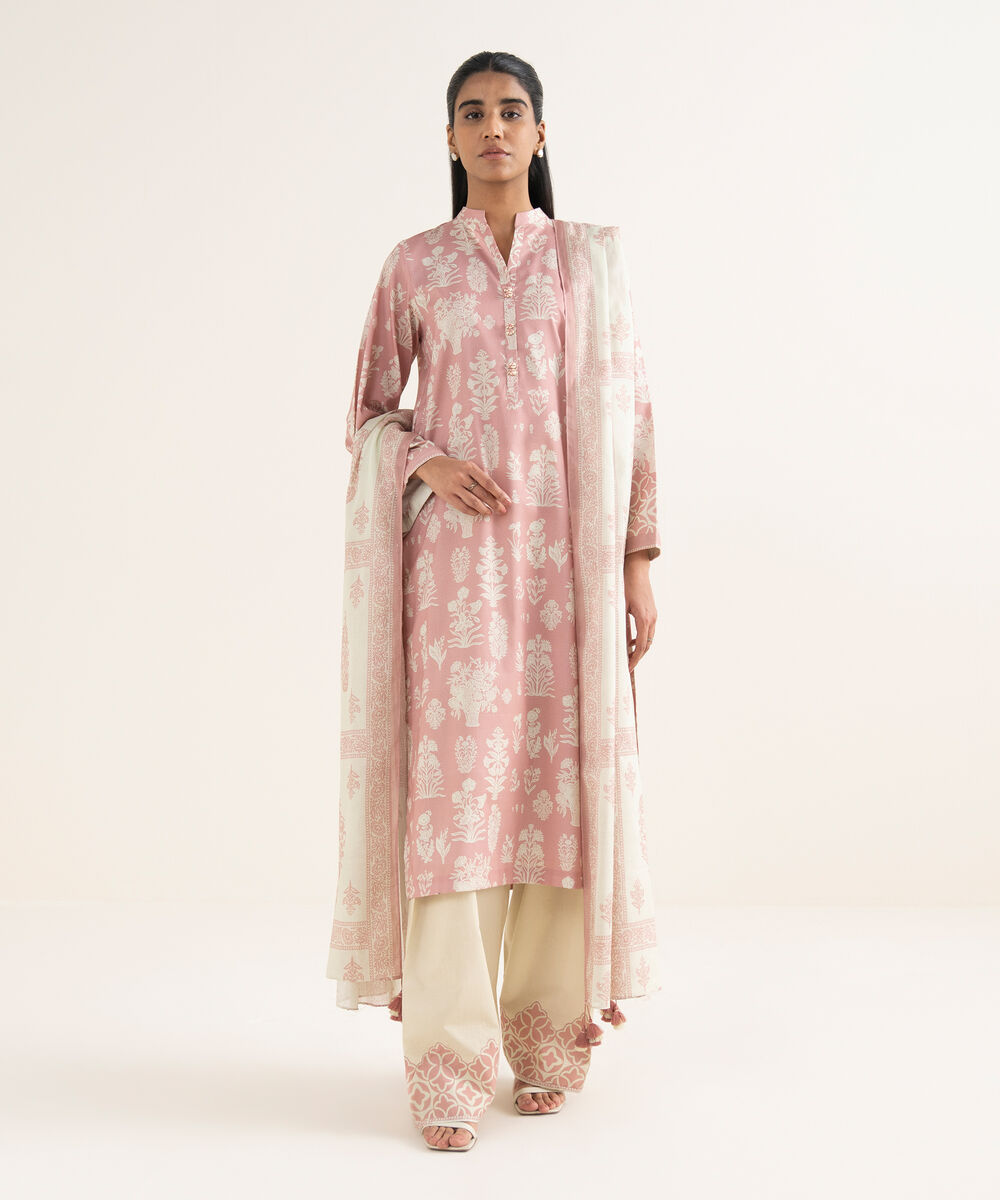 Women's Unstitched Lawn Printed Pink 2 Piece Suit