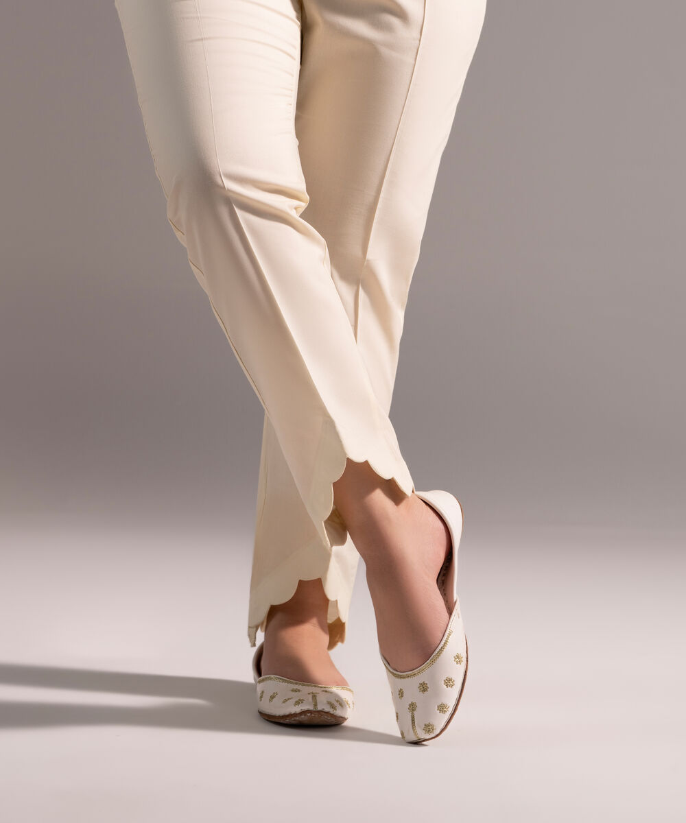 Women's RTW Cotton Viscose Solid Off White Straight Pants