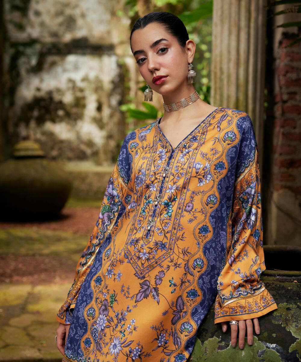 Women's RTW Premium Visocose Satin Printed Orange Drop Shoulder Shirt