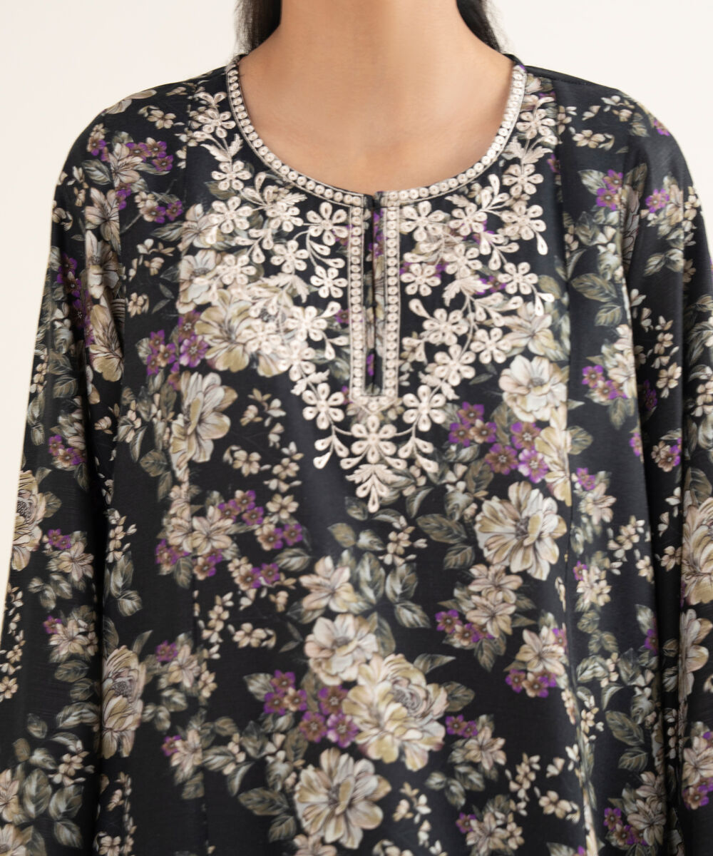 Women's RTW Light Khaddar Embroidered Black A-Line Shirt