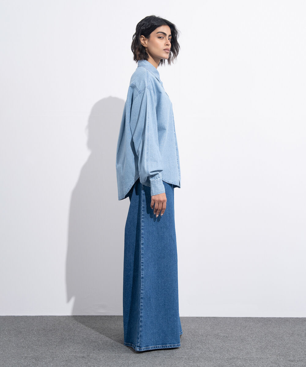 Women's Western Wear Blue Button Through Denim Shirt