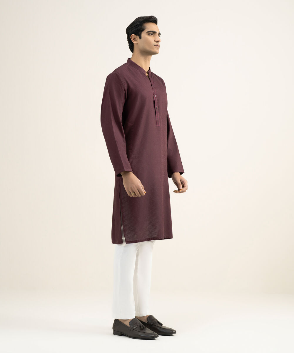 Men's Stitched Cotton Jacquard Maroon Kurta