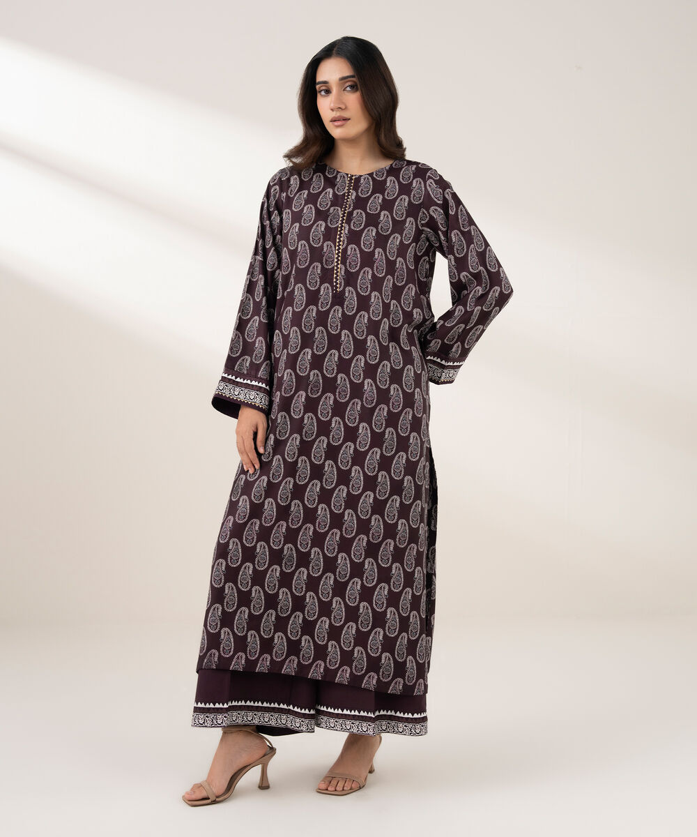 Women's RTW Viscose Linen Printed Straight Brown Shirt