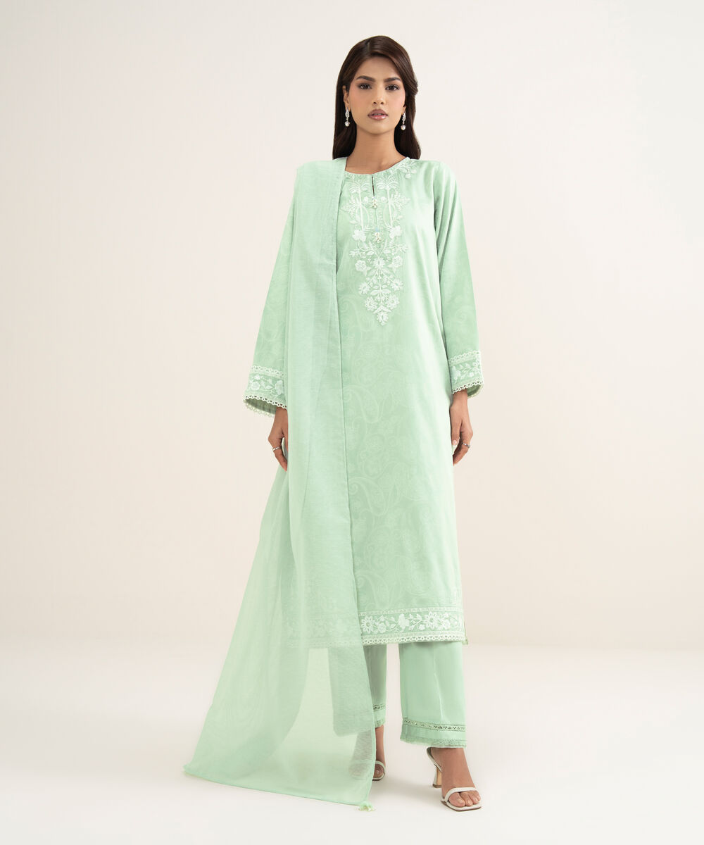 Women's RTW Lawn Embroidered Green A-Line Shirt