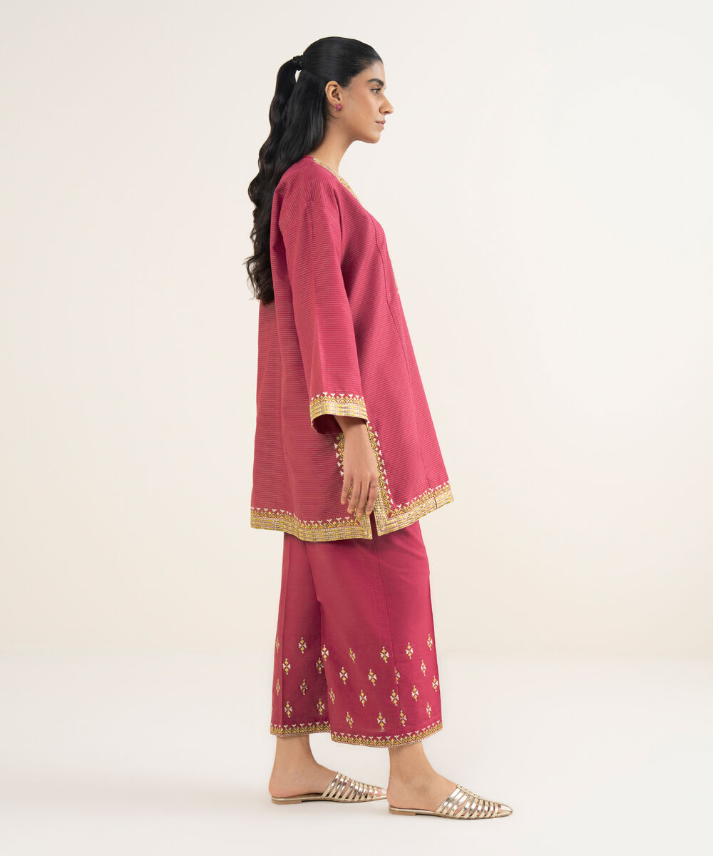 Women's RTW Light Khaddar Embroidered Pink Drop Shoulder Shirt