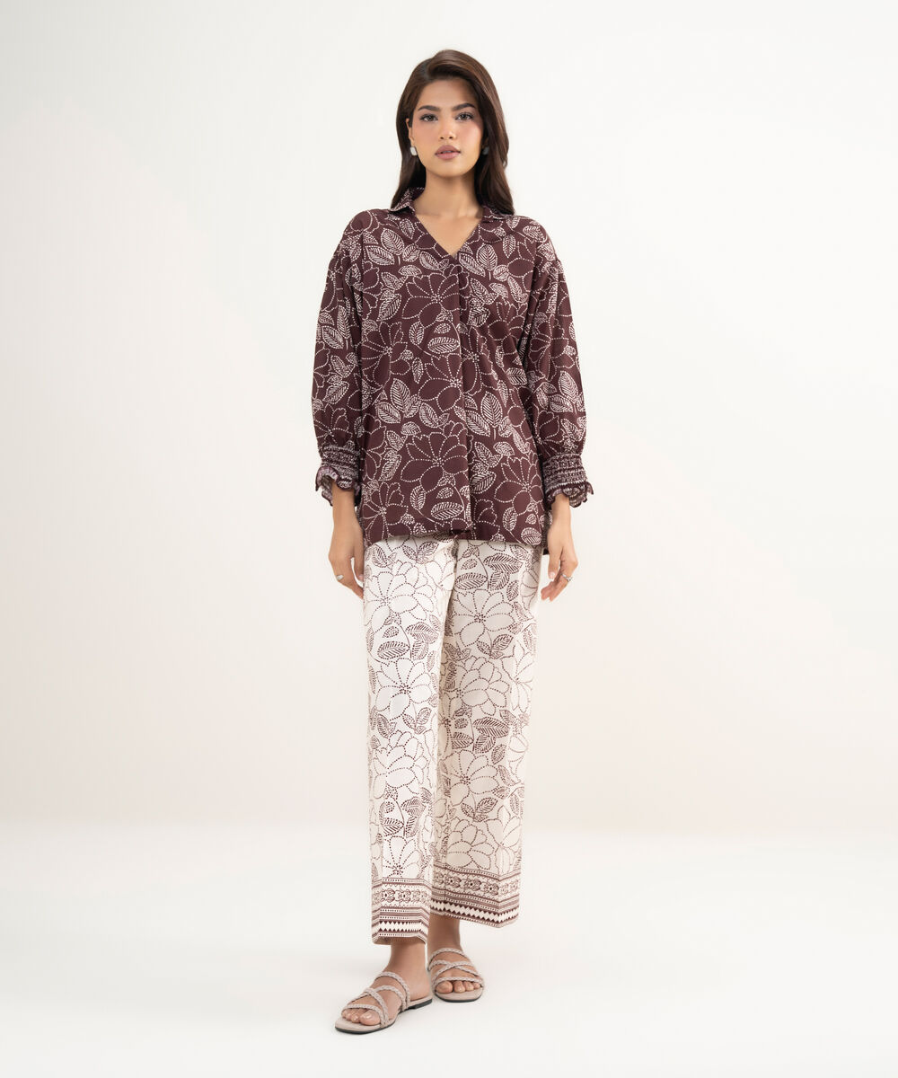 Women's RTW Lawn Printed Maroon Boxy Shirt