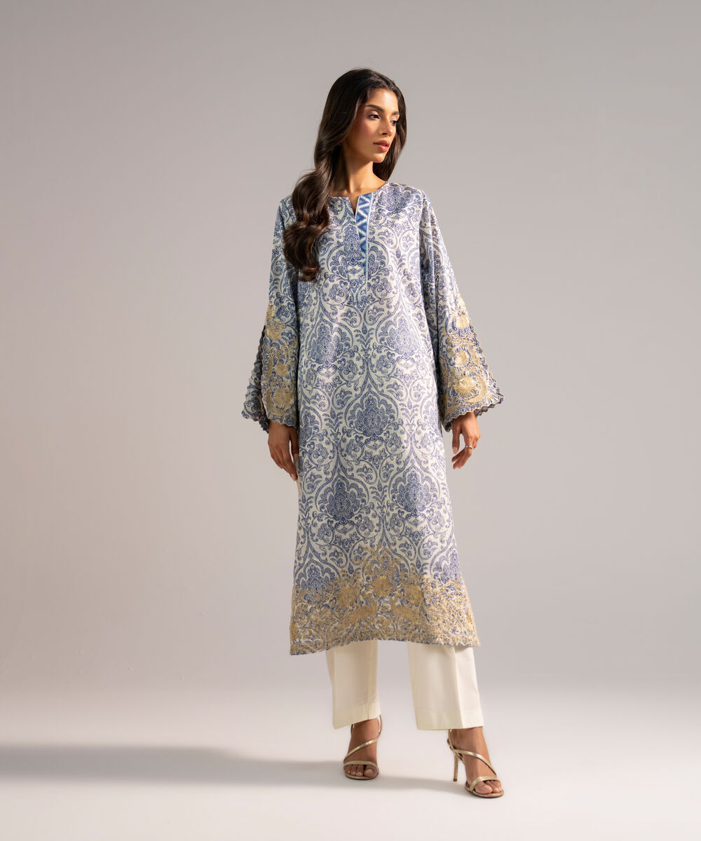 Women's RTW Zari Lawn Embroidered White A-Line Shirt