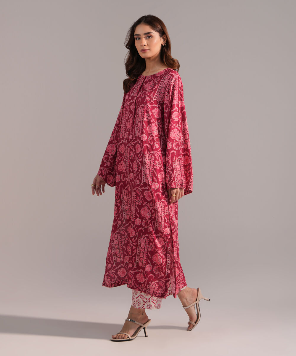 Women's RTW Arabic Lawn Printed Dark Pink A-Line Shirt