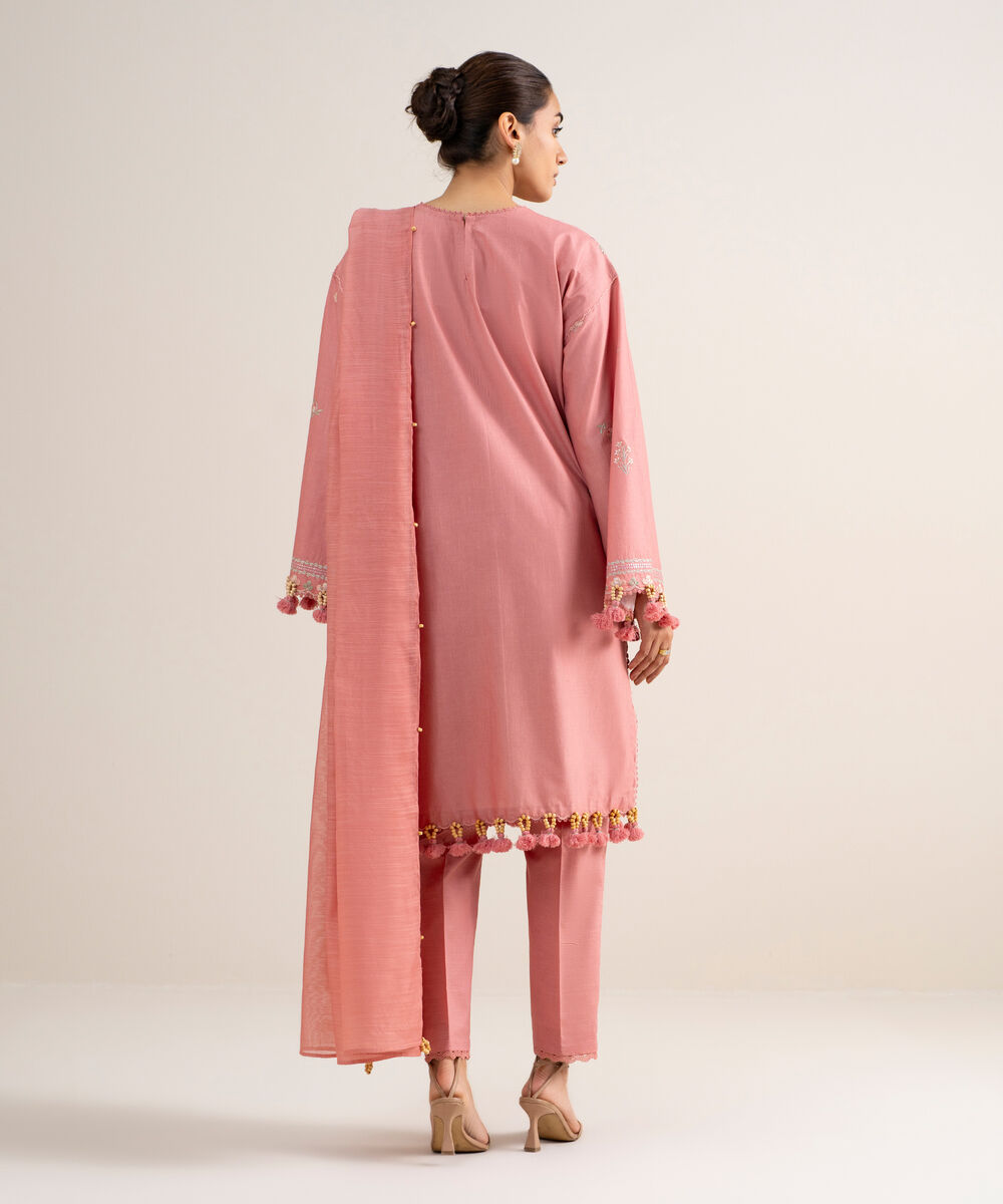 Women's Unstitched Textured Lawn Embroidered Pink 3 Piece Suit
