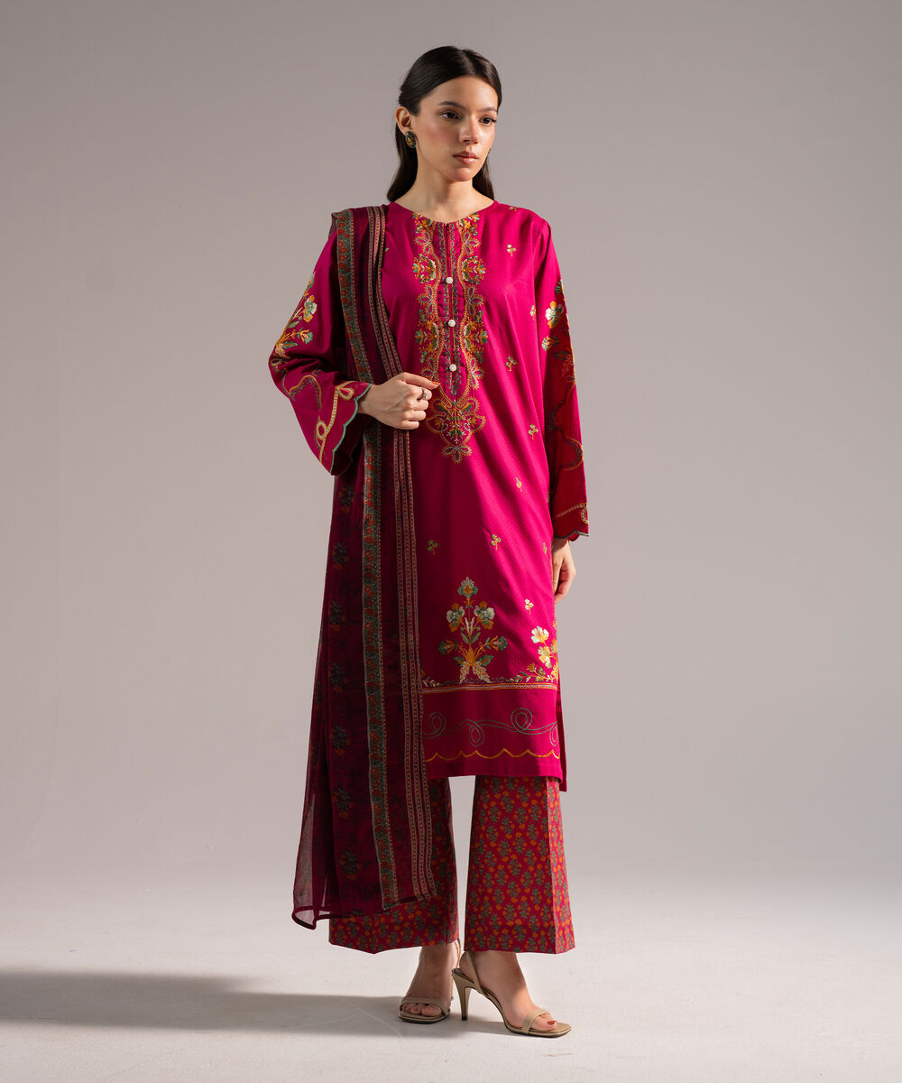 Women's RTW Dobby Embroidered Pink 3 Piece Suit